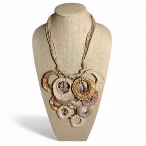 Boho Chic Statement Necklace - Chunky Ring Cluster & Multi-Strand Cord 16”